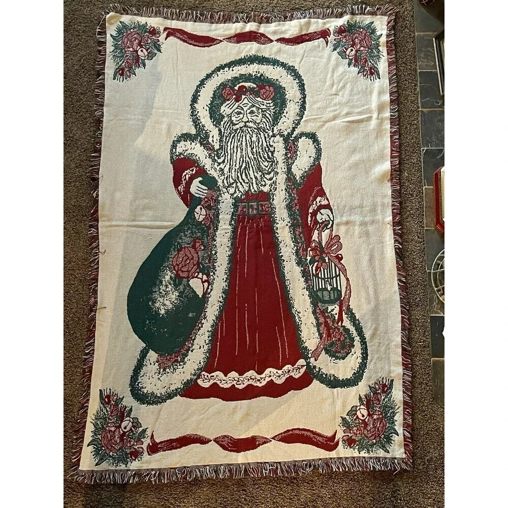 Vintage 80’s Christmas Throw Tapestry Fringe Blanket Old World Santa